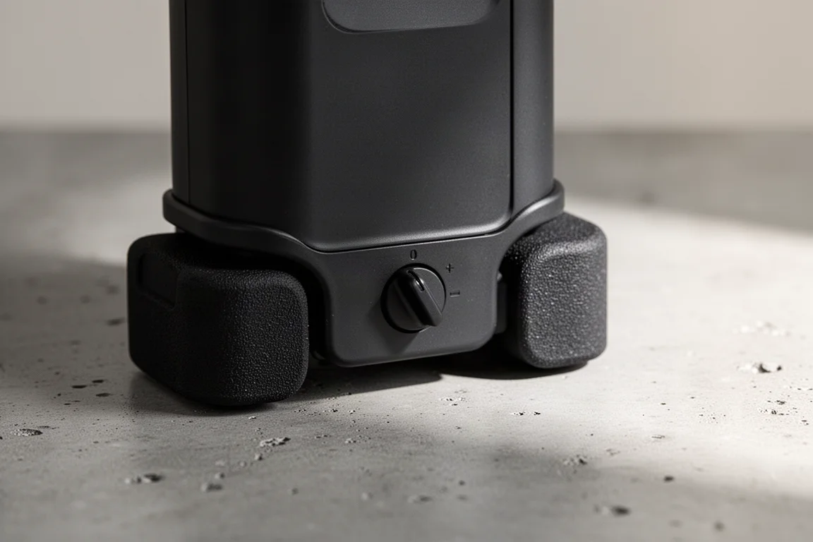 Close-up of rubberized feet and switch on a small portable fan base