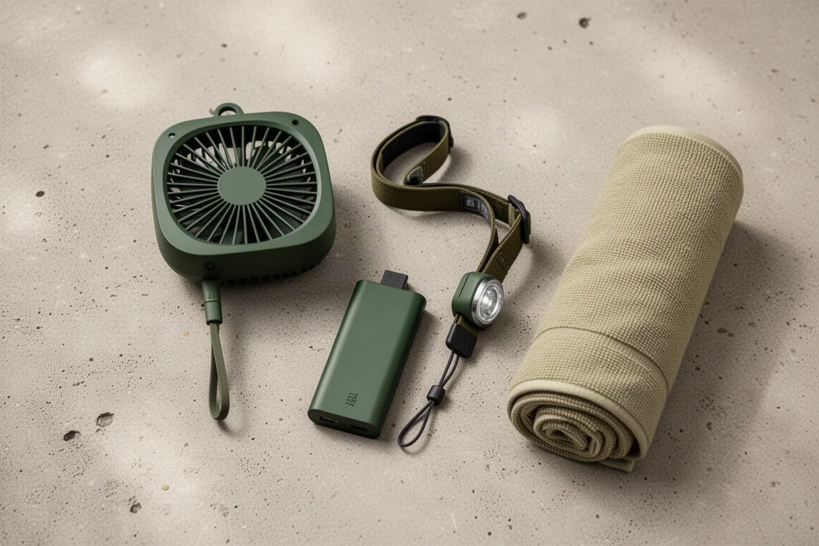 Overhead flat-lay of a portable fan and camping gear on concrete