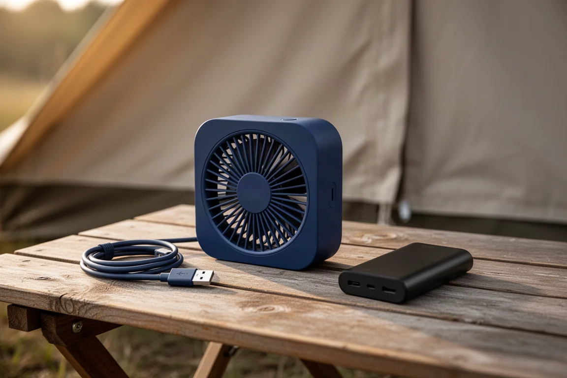 Compact navy blue USB personal fan with power bank on a wooden camp table