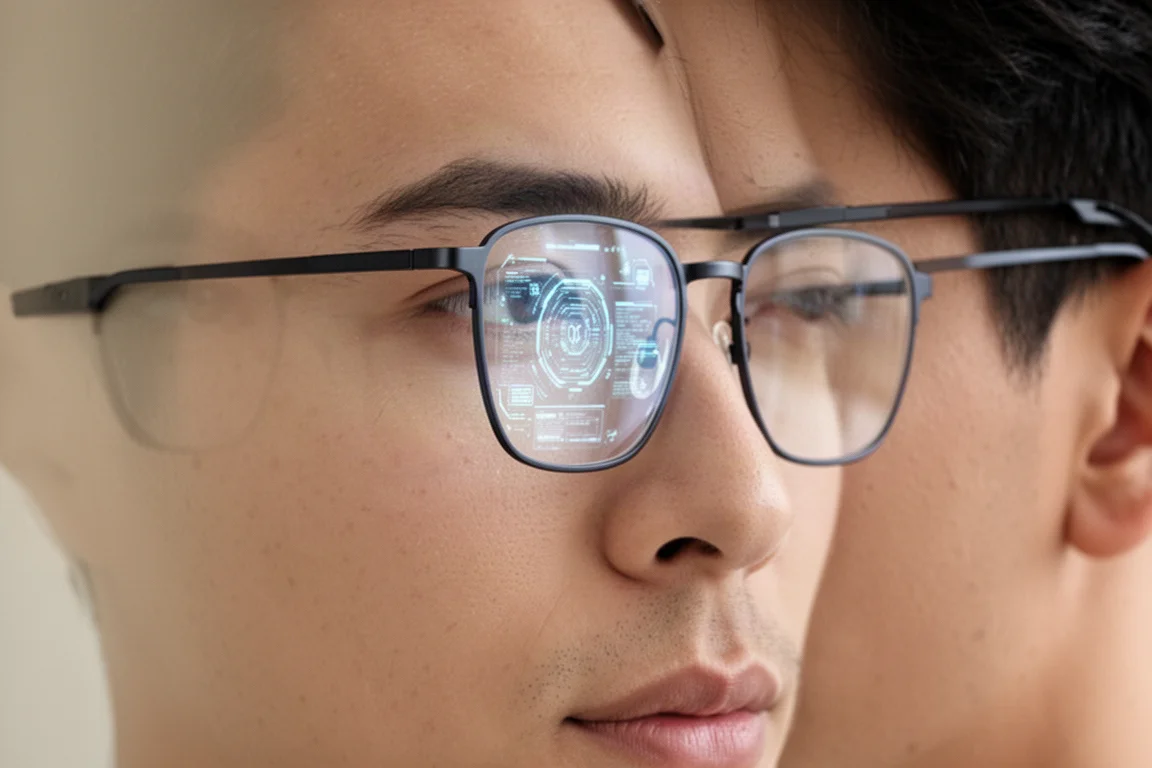 Person glancing at a subtle heads-up display inside smart glasses lenses