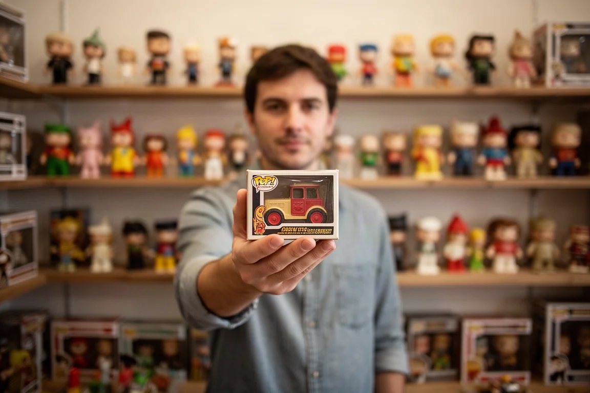Hands capturing a first-person POV shot with smart glasses in a collector shop