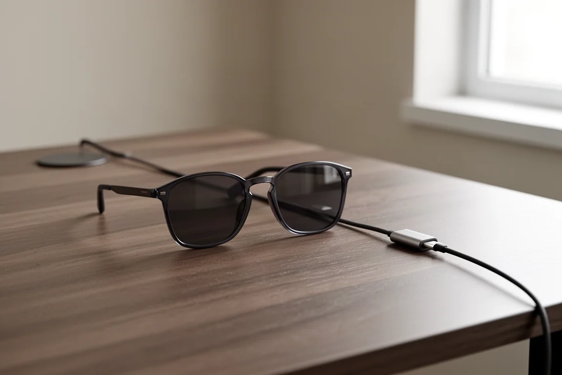Smart glasses connected to a slim USB-C charging cable on a desk