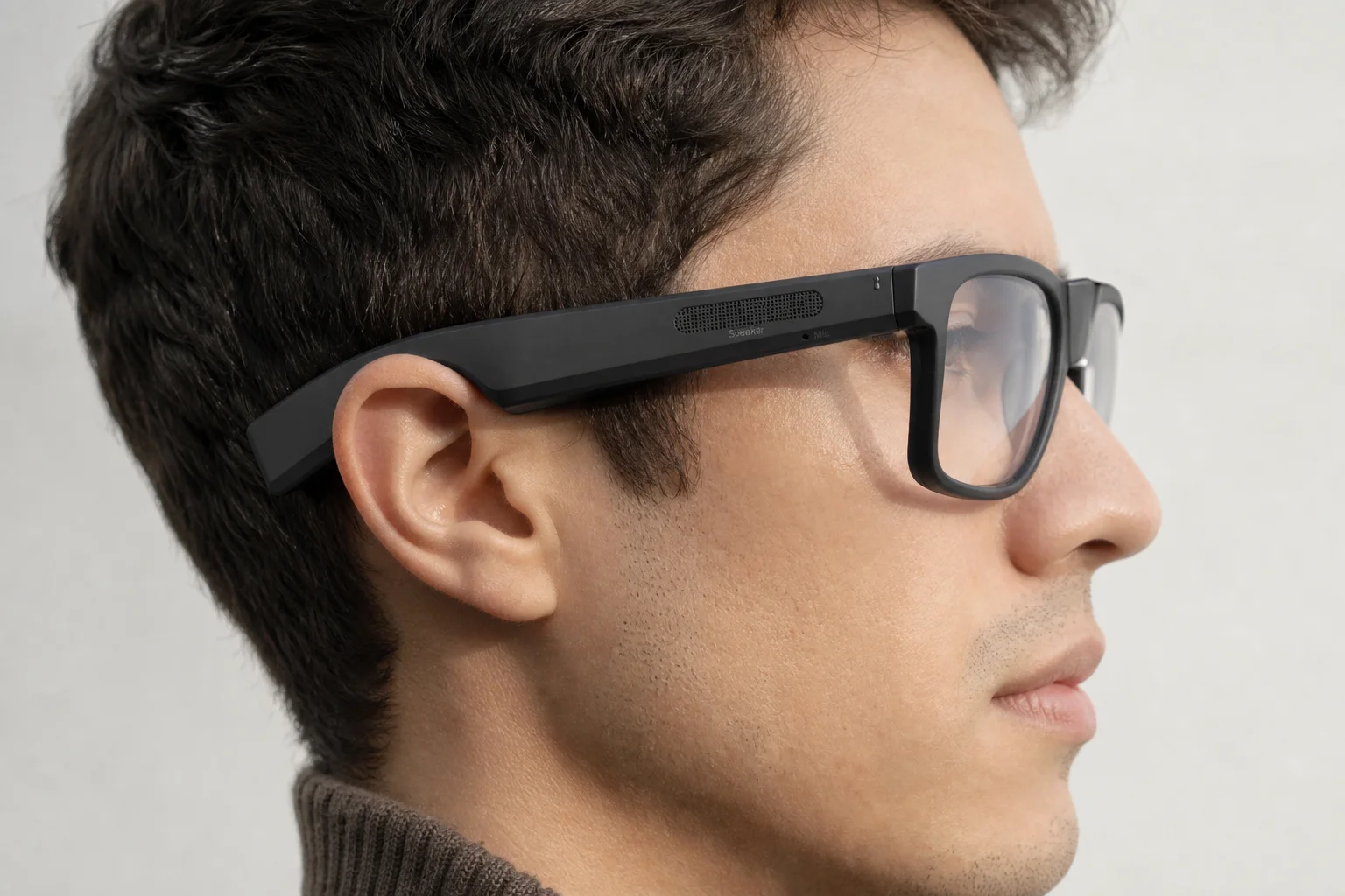 Person trägt einfache Smart Glasses mit sichtbarem seitlichem Lautsprecher und Mikrofon