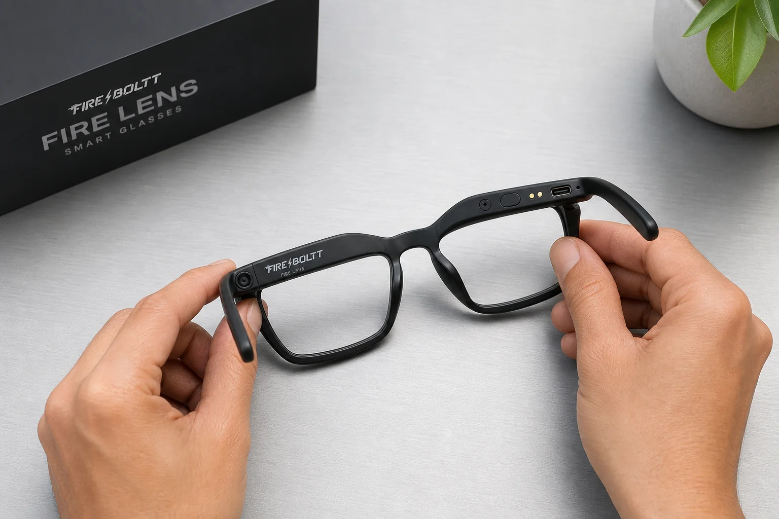Draufsicht auf die Fire-Boltt Fire Lens Brille mit Rahmen und Bedienelementen