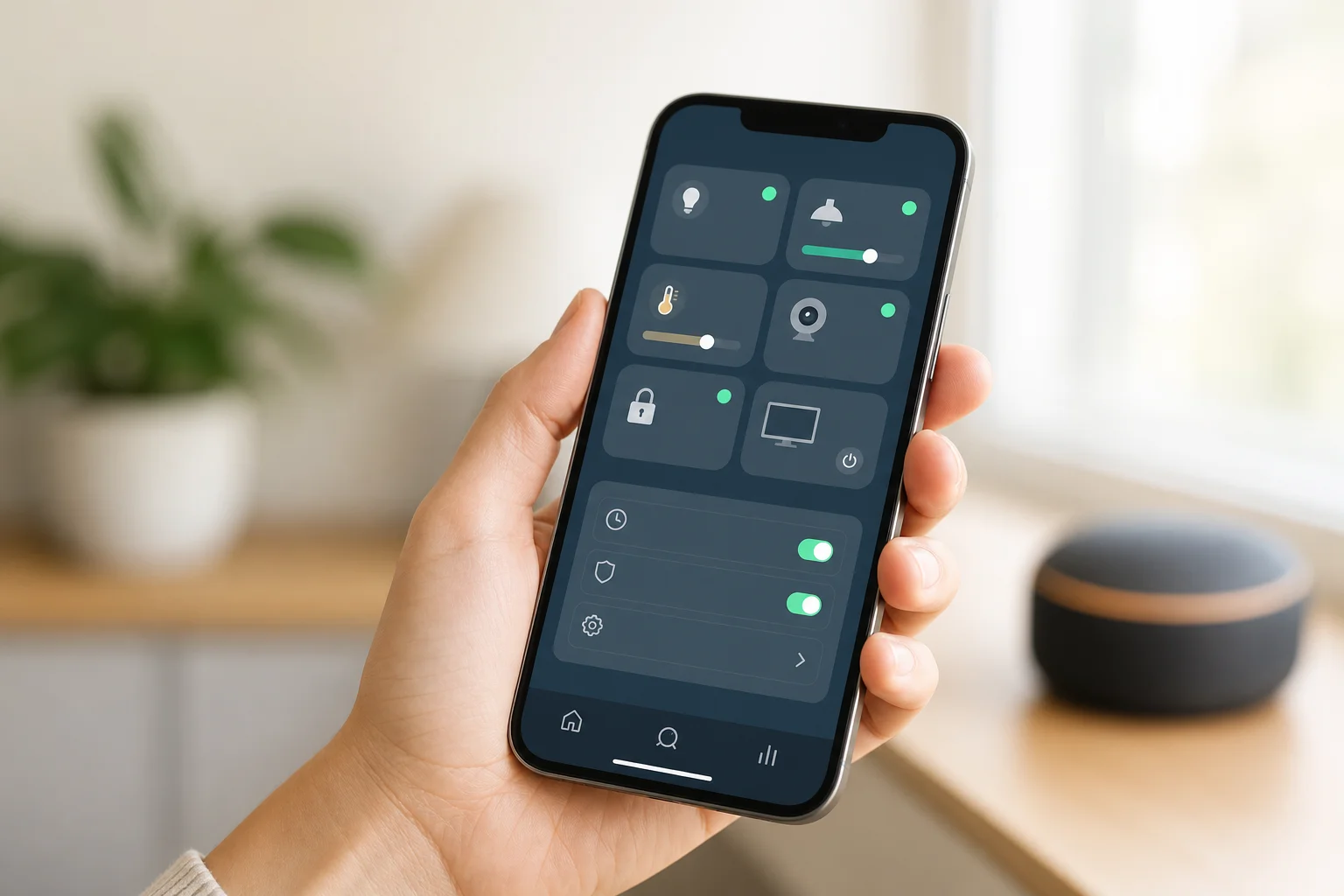 Person holding smartphone with smart home app interface displayed