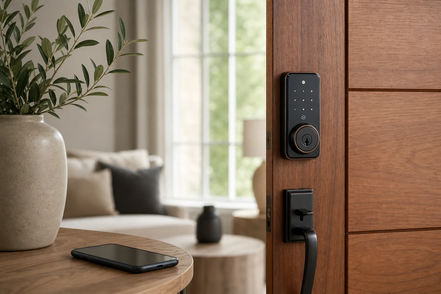 Smart lock mounted on residential front door with smartphone nearby