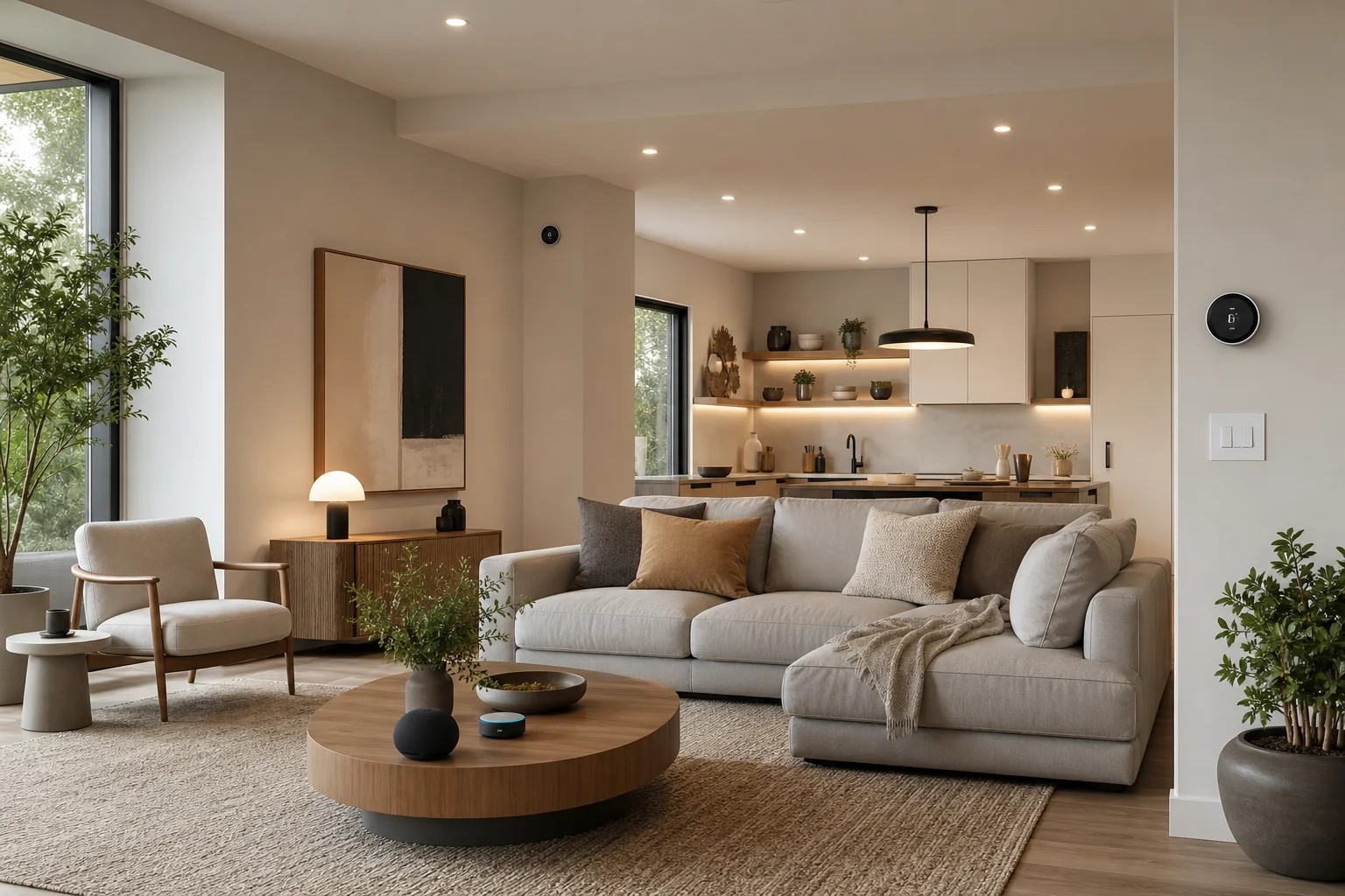 Interior room with smart lighting, thermostat, and connected devices visible