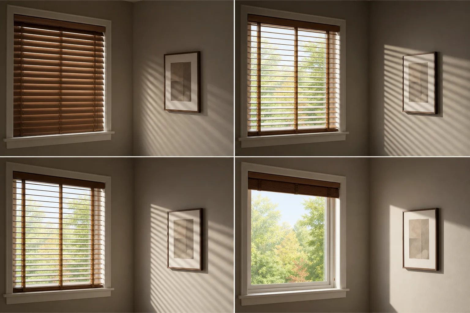 Window with motorized smart blinds in various tilt positions showing light control