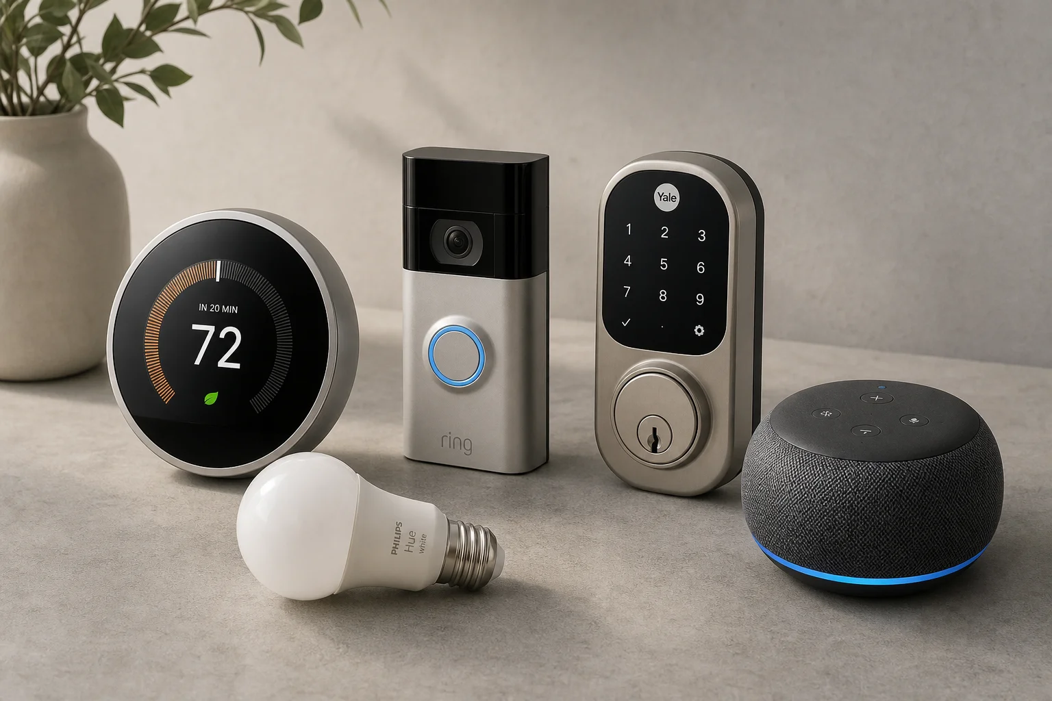 Smart home devices including thermostat, doorbell, lock, bulb, and hub on concrete