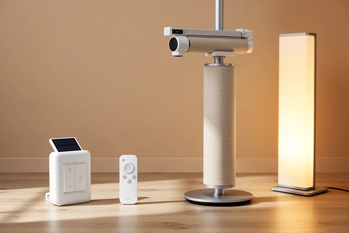 Smart-Home-Accessoires mit Jalousien-Controller, Vorhangroboter, smartem Schalter, rollbarem TV und Eckleuchte