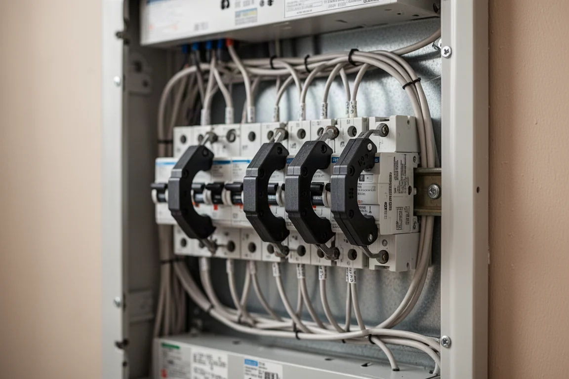 Electrical panel with current transformer clamps installed on circuit breakers