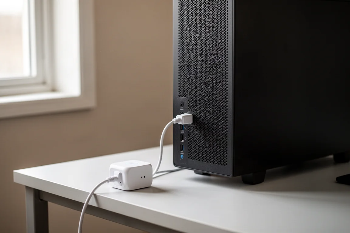 Desktop computer with smart plug connected showing energy monitoring