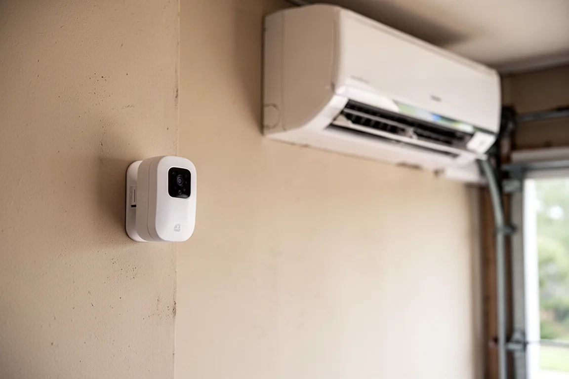 Infrared hub on a garage wall controlling a mini split air conditioner