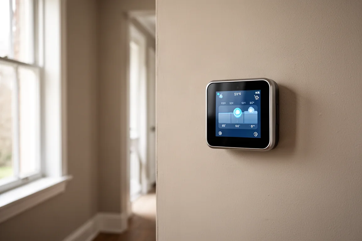 Smart thermostat display showing cooling schedule on a hallway wall