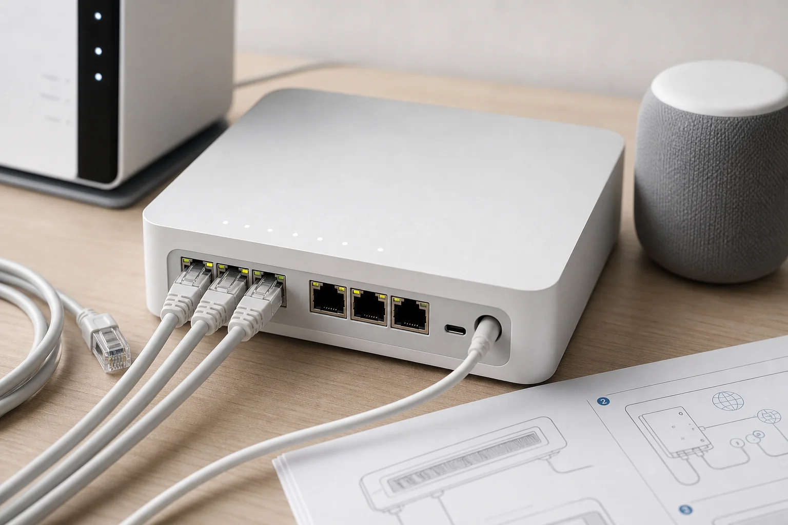 Smart home hub with networking cables and setup materials on desk