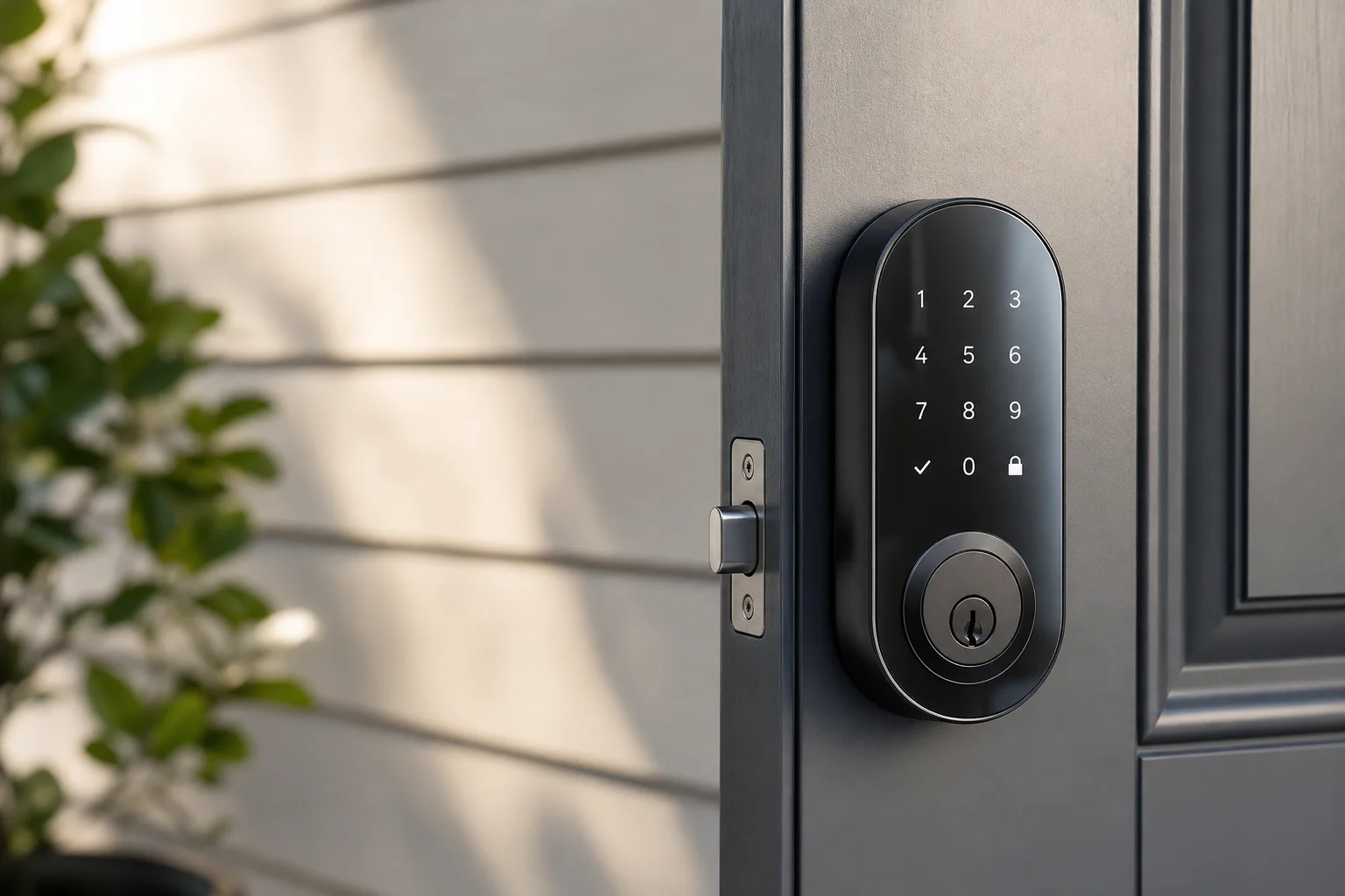 Smart lock with touchscreen keypad on residential front door