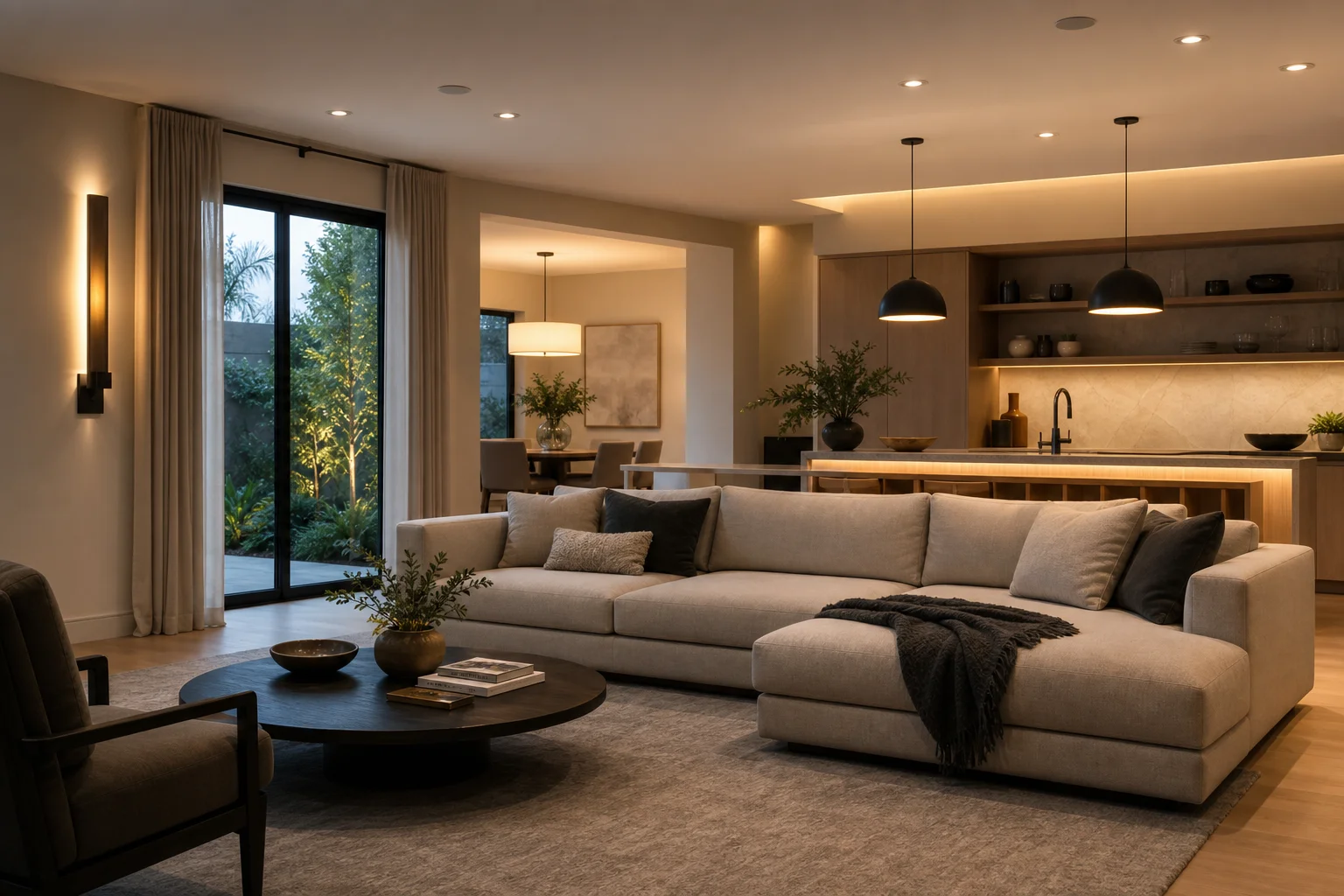 Modern living room with smart lighting in various fixtures