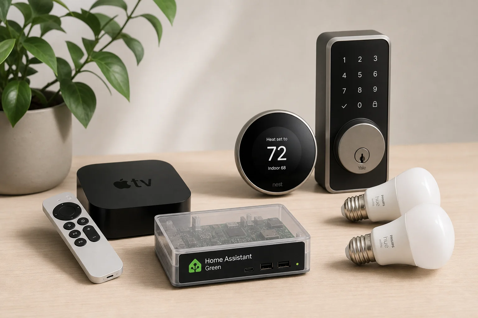 Smart home devices including hub, streaming device, thermostat, lock, and lights on a desk