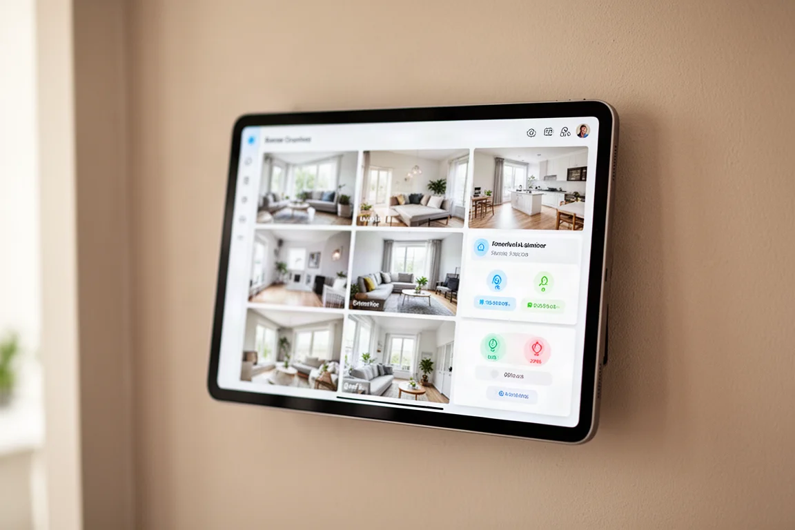 Smart-Home-Dashboard auf einem wandmontierten Tablet mit Kamera-Feeds
