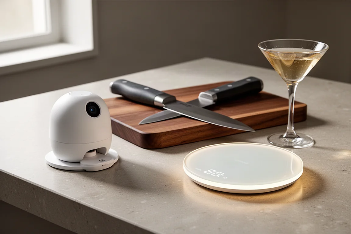 Four smart kitchen gadgets arranged on a concrete surface including a stylus spoon, smart bottle, food printer pen, and coffee machine