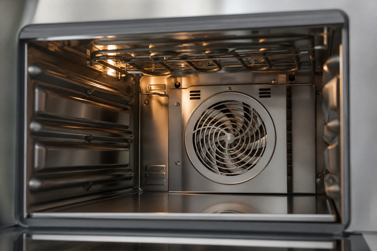 Vue intérieure d'un four de comptoir montrant les résistances chauffantes et le ventilateur à convection