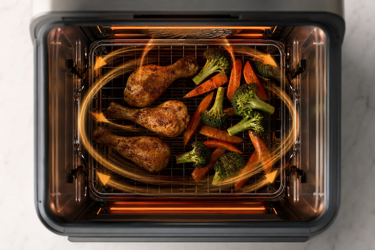 Vue plongeante d'aliments en cours de cuisson à air chaud dans un four de comptoir avec circulation d'air visible