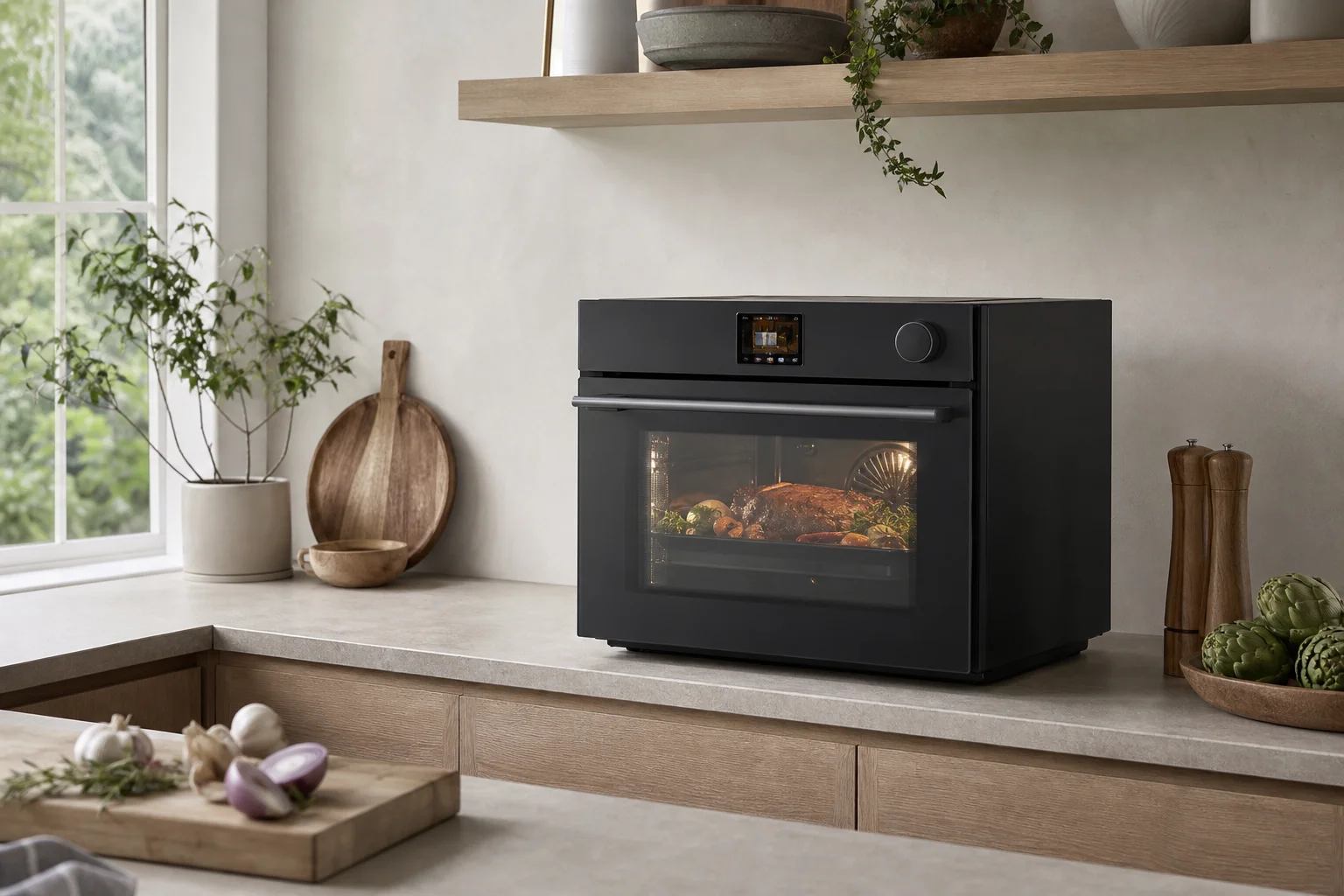 Installation sur plan de travail de cuisine avec four intelligent intégré à l'espace de cuisson