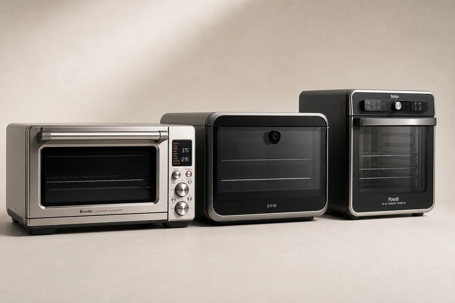 Three countertop smart ovens displayed side by side on neutral background