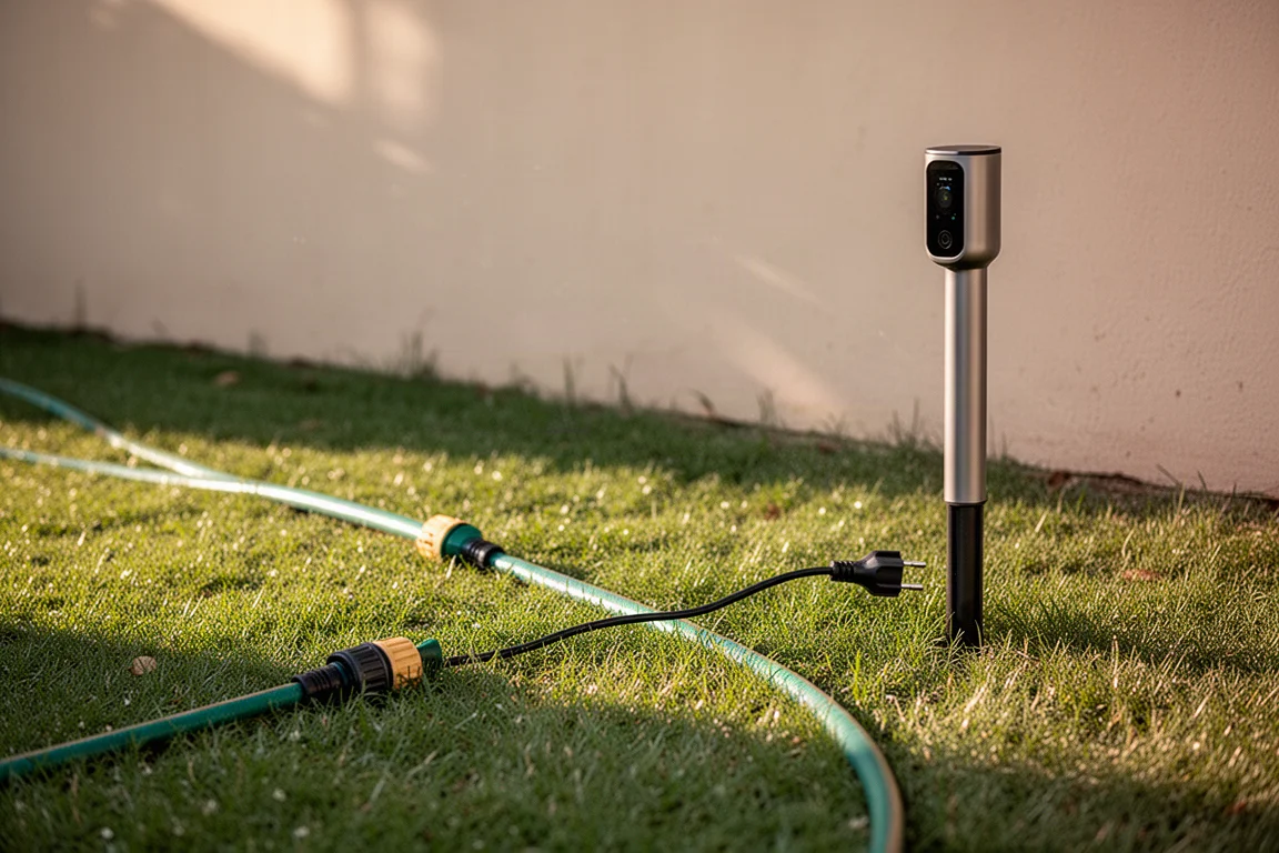 芝生を横切ってスマートスプリンクラーユニットに向かうガーデンホースと電源ケーブル
