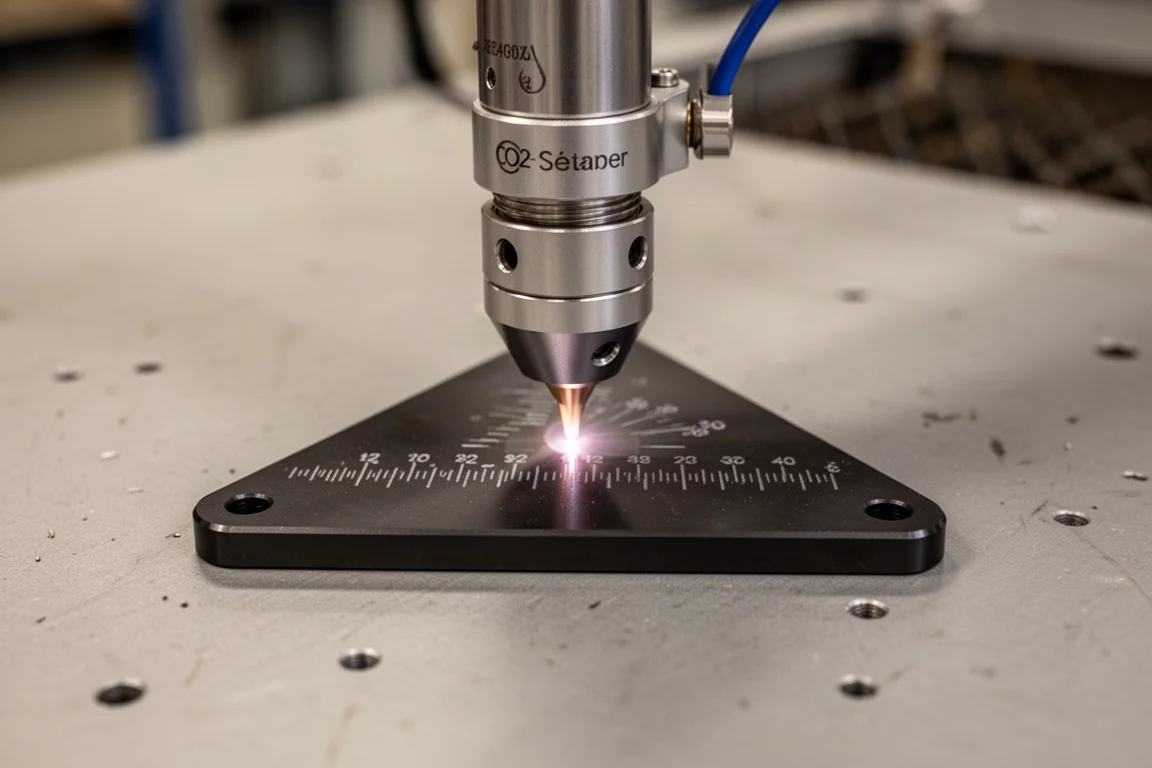 Laserbeschriftungsmaschine ätzt Messmarken in einen Winkel aus Aluminium