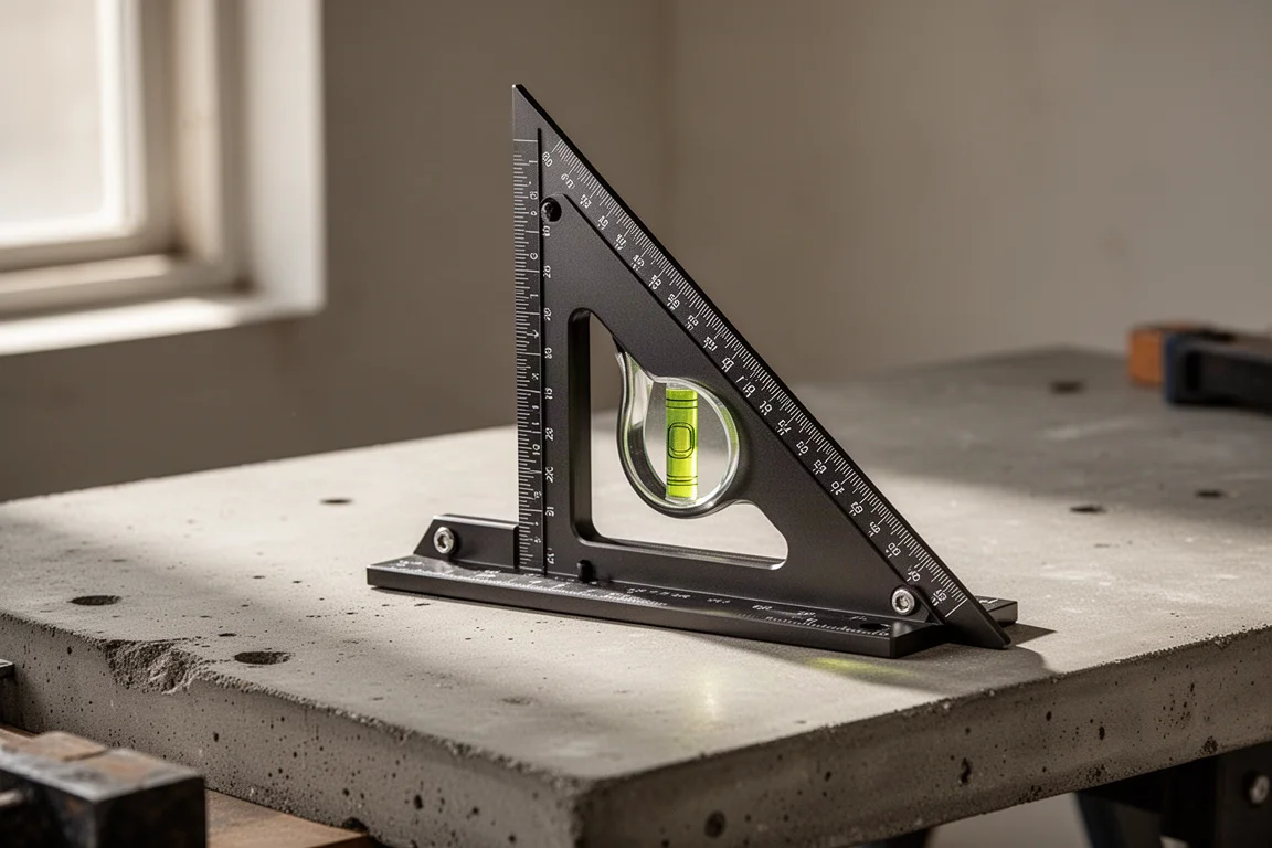 Triangular aluminum rafter square with adjustable fence and curved level vial on a workbench