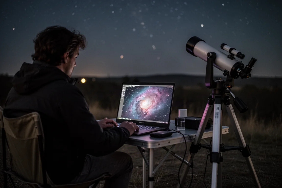 Astrofotograf, der an einem dunklen Ort einen Laptop mit einem Deep-Sky-Bild betrachtet