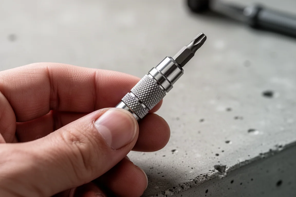 Porte-embouts de poche en acier inoxydable tenu entre les doigts avec un embout inséré dans le mandrin magnétique
