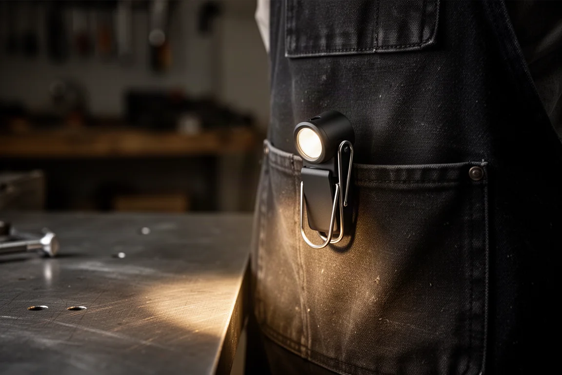 Lampe de travail compacte noire accrochée à une poche de chemise projetant un faisceau chaleureux sur un établi