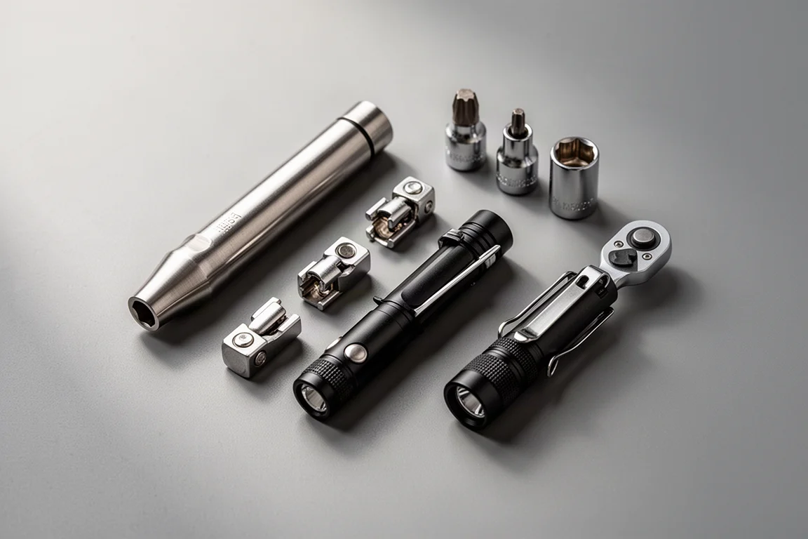 Compact hand tools including a pocket bit driver, swivel sockets and a small flashlight arranged on a grey workbench