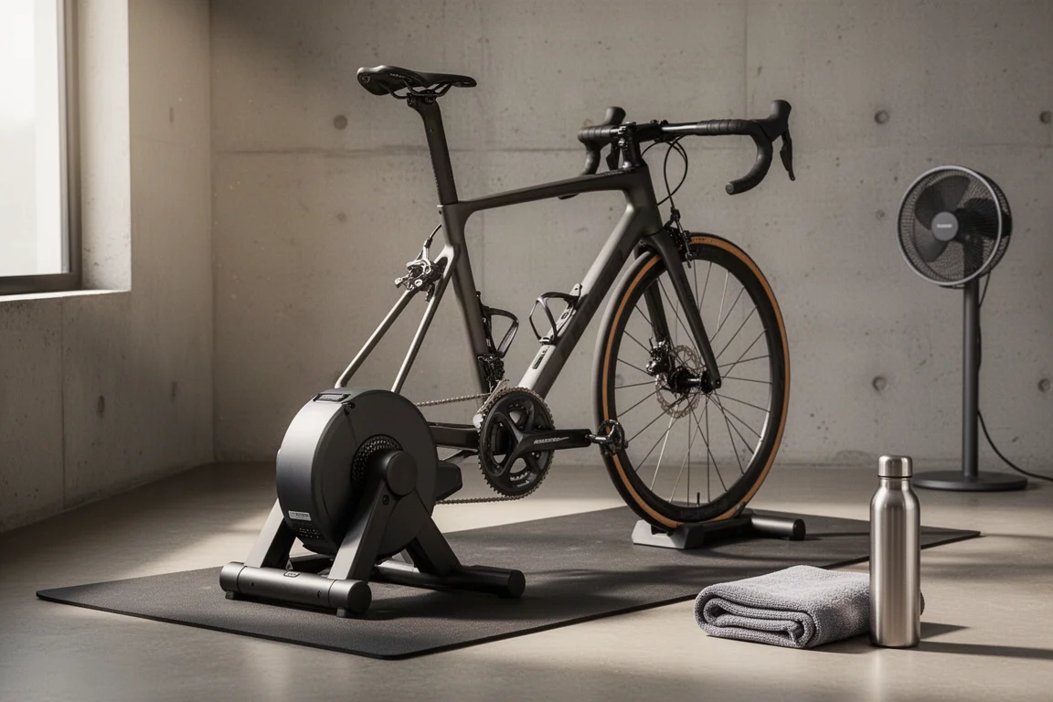 Bici da strada su uno smart trainer direct-drive in un angolo minimal per l'allenamento indoor