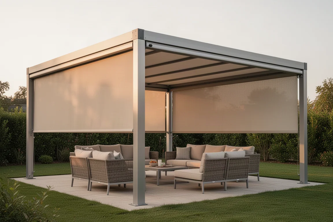 Motorized pergola shades closing around a patio seating area