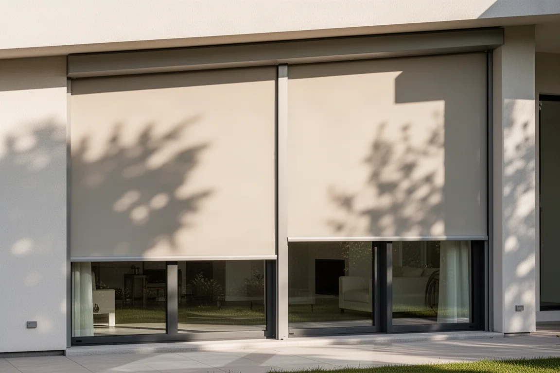 Motorized exterior blinds closed over large home windows in bright sun