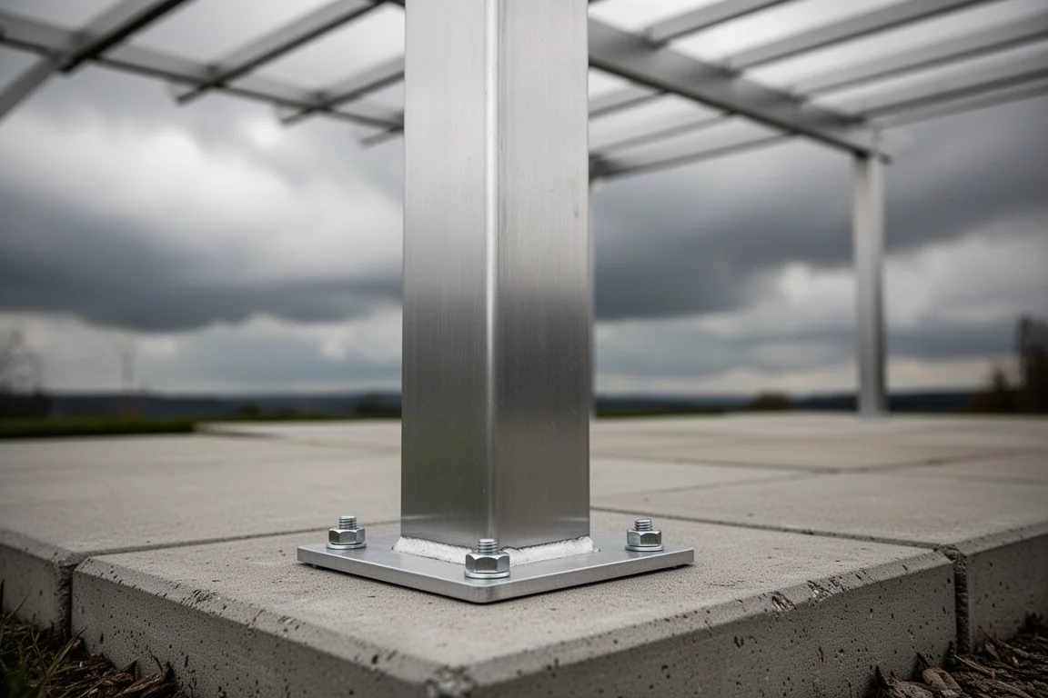 Sturdy aluminum pergola frame hardware anchored to a concrete patio