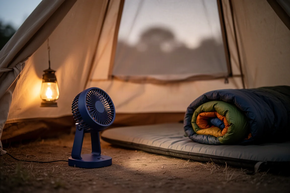 Compact USB fan standing inside a canvas tent at dusk, angled toward a sleeping pad
