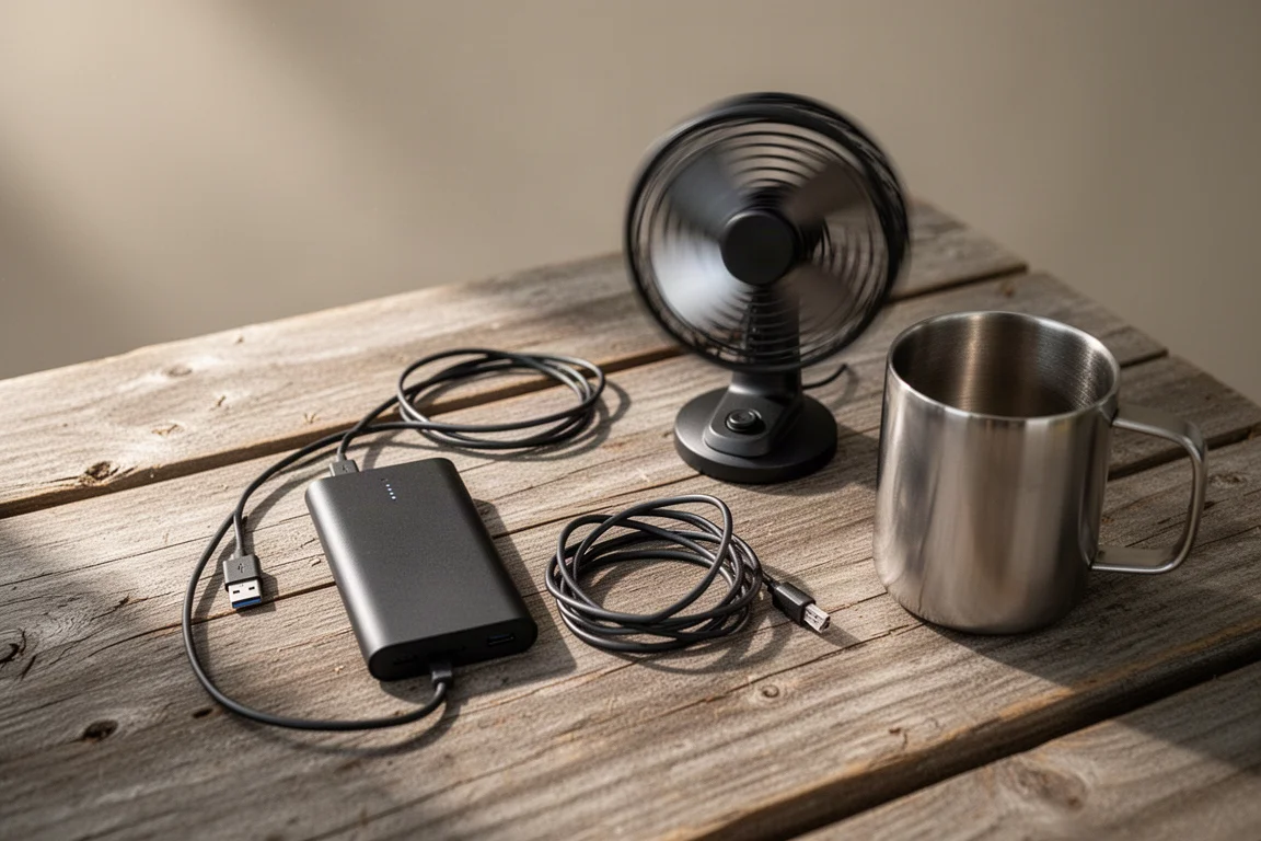 Flat-lay of a power bank, cable, and small fan on a weathered wooden camp table
