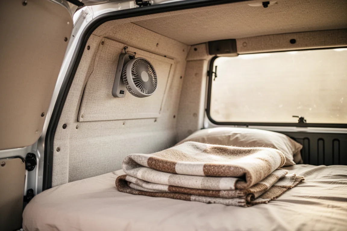 Small portable fan hung inside a truck camper shell above a sleeping platform