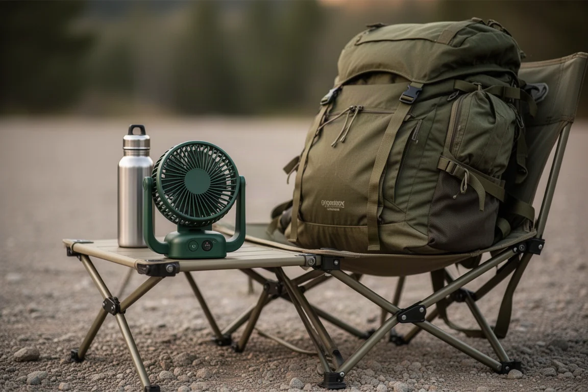 Portable fan resting on a camp chair beside a packed hiking backpack at a campsite