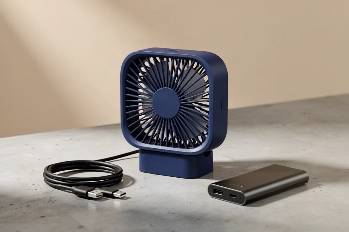 Compact navy blue USB fan on a concrete surface beside a coiled cable and power bank