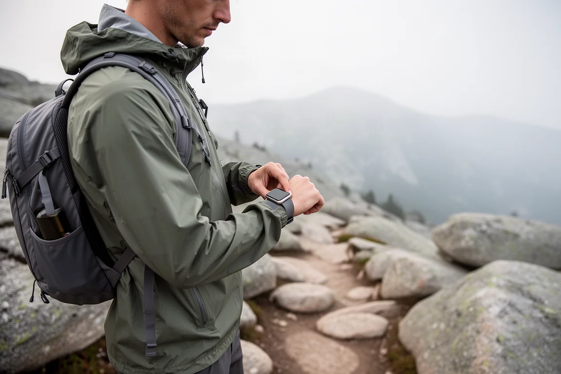 Senderista consultando un smartwatch de esfera cuadrada en su muñeca en un sendero rocoso de montaña
