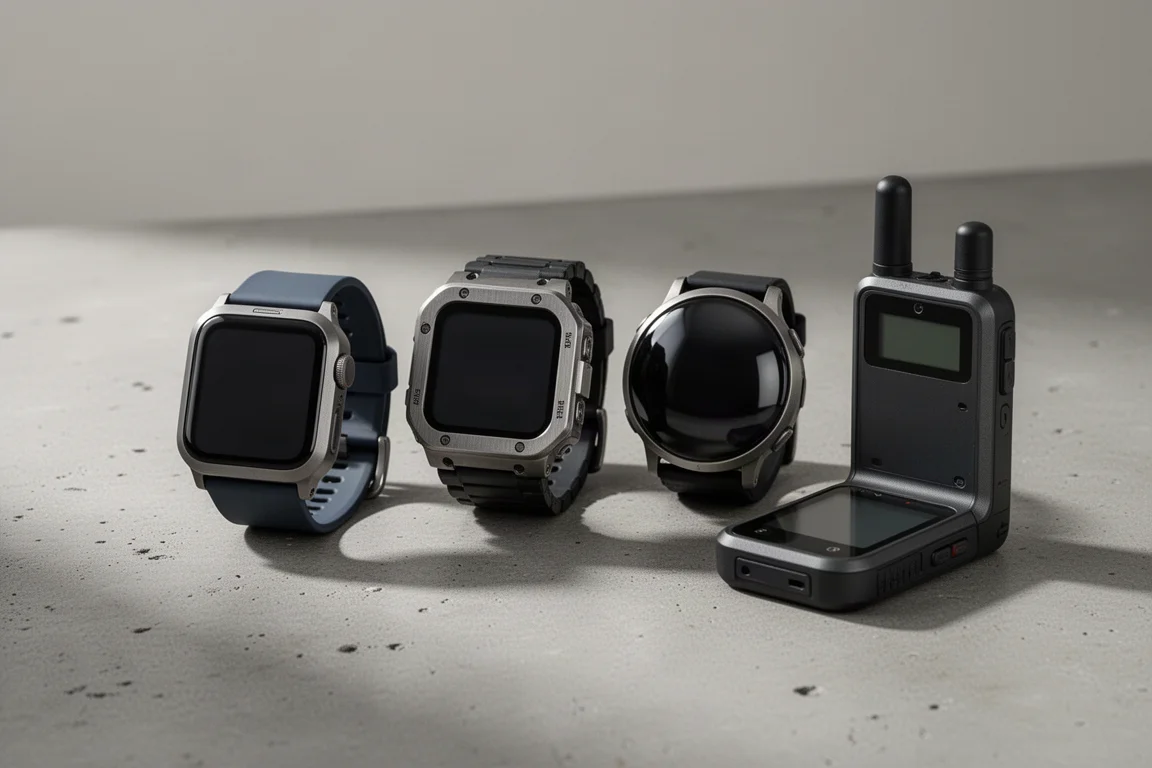 Three smartwatches and a compact satellite communicator arranged on a matte concrete surface