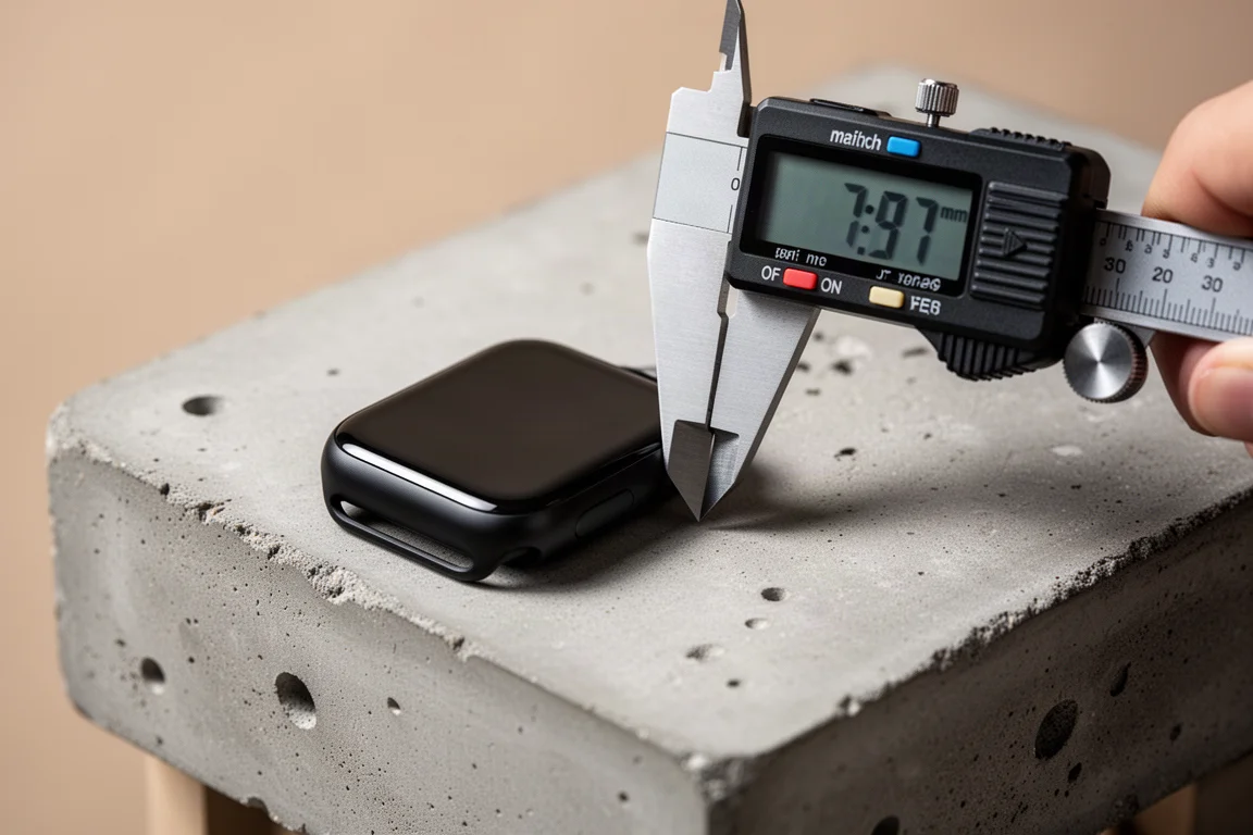 Un calibro digitale misura lo spessore della cassa di uno smartwatch
