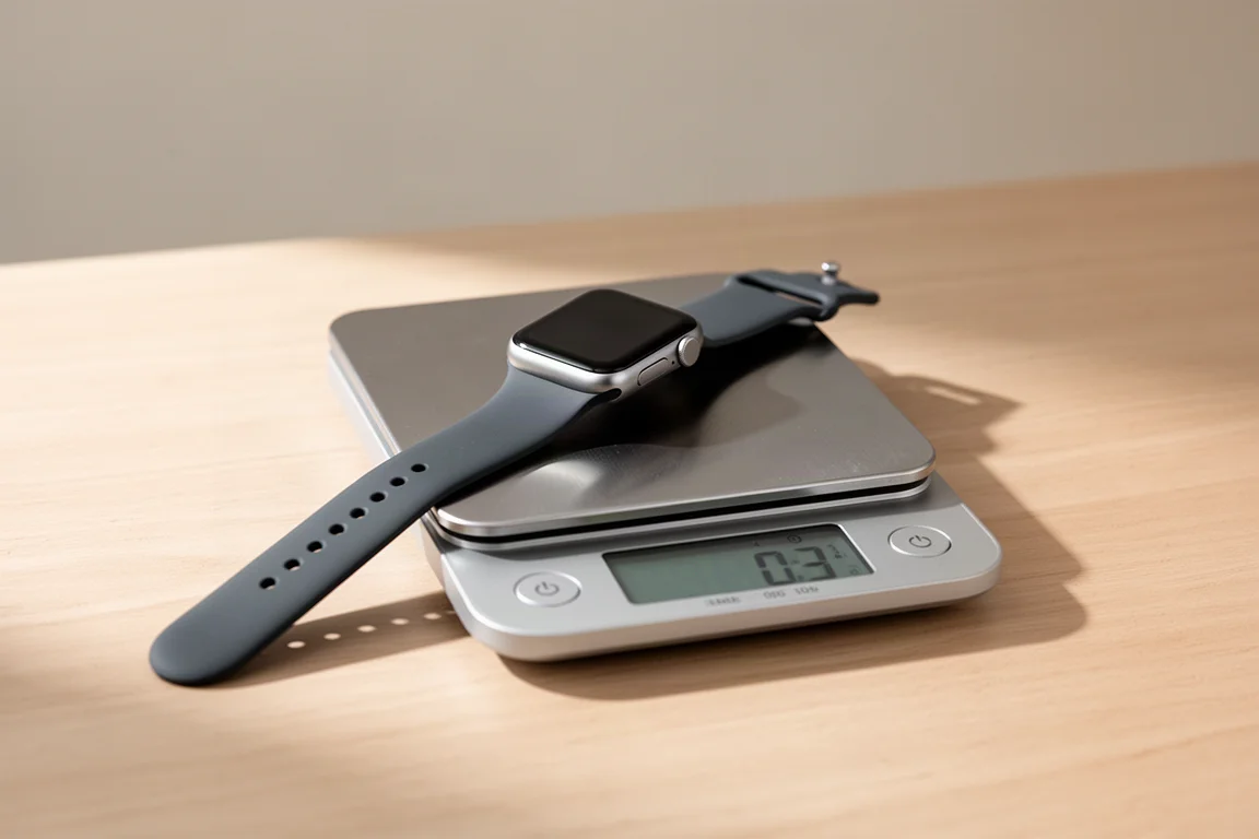 Smartwatch appoggiato su una bilancia digitale durante la misurazione del peso