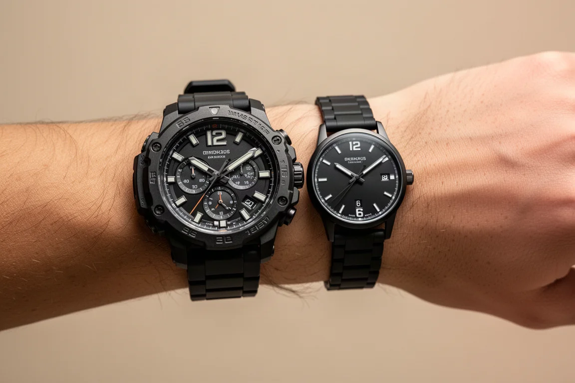 Due orologi sportivi affiancati su un polso per confrontare le dimensioni