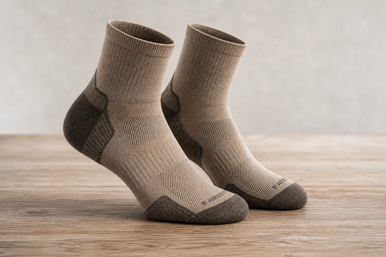 Collection of various running socks in different colors and styles on neutral backdrop